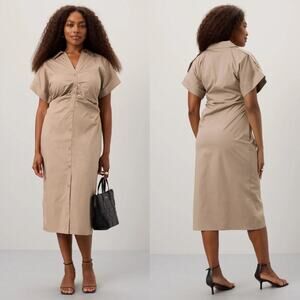 Saunders Ruched Shirt Dress Short Sleeve Collared Button-Front Midi Beige 14